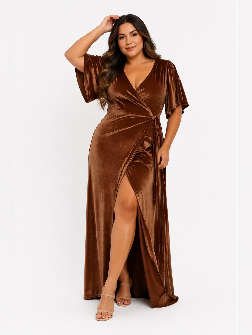 Chocolate Velvet Wrap Maxi Dress | High Slit | Formal Glam
